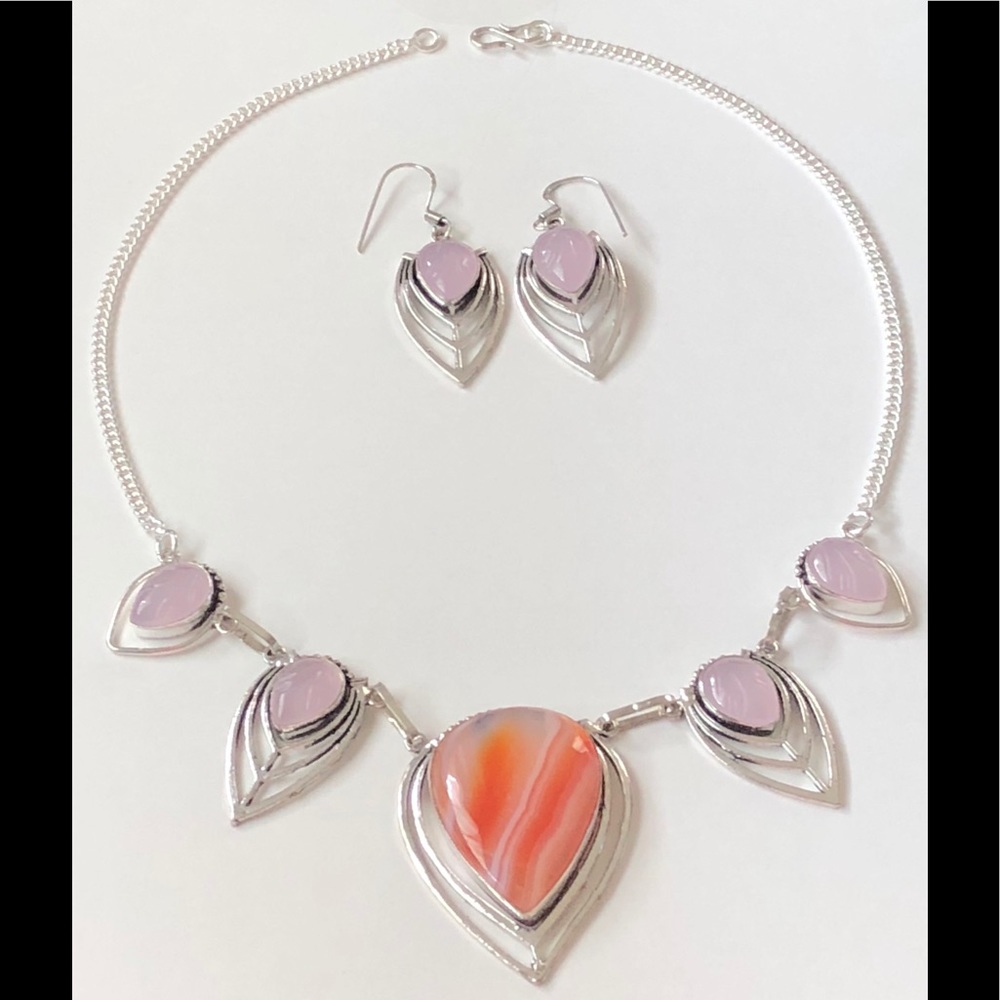 BOTSWANA AGATE AND ROSE QUARTZ EARRINGS/ NECKLACE